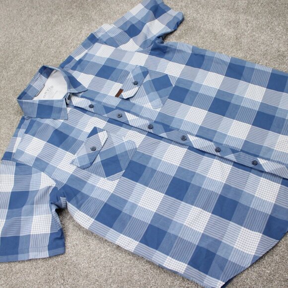 Orvis Tech Shirt Mens Large Blue/White Classic Collection Polyester S/S Button - Picture 6 of 14